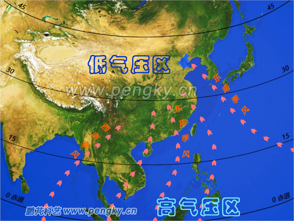 中國(guó)夏季的季風(fēng)走向示意圖